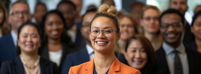 a crowd of business people smiling and looking at the camera in a front view, a group of many diverse businesspeople, a business woman standing out from the rest wearing a suit jacket. generative AI
