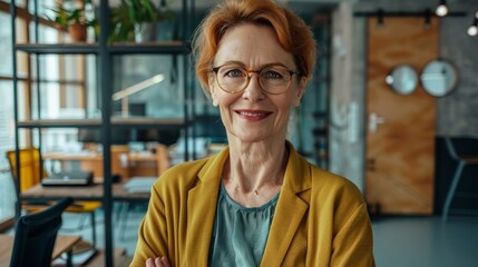 Fototapeta premium The Portrait Captures A Happy And Mature Woman In A Modern Office, Radiating Confidence, Pride, And Seniority, High Quality