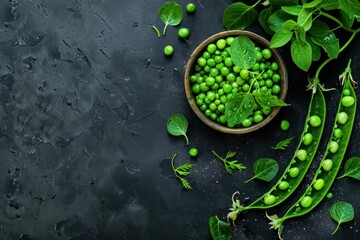 Fresh Green Peas in a Bowl Top View on Black Background with Copy Space, Natural and Healthy Food Concept