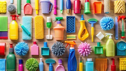 Essential household cleaning supplies organized in a symmetrical pattern