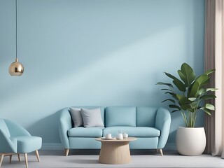 Pastel Light Interior with Sky Blue Walls & Furniture, Modern Reception or Lounge Area Design for Home, Living Room Interior Mockup, 3D Rendering

