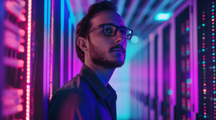 Fototapeta premium portrait of a male IT worker standing in a data server