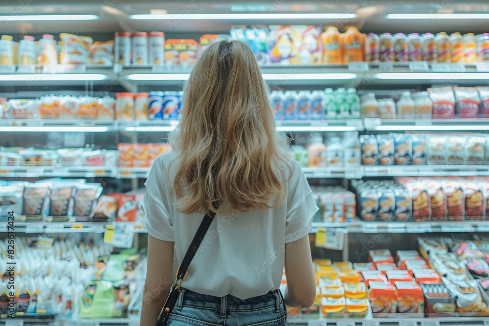 Wall mural shopping in grocery store, blonde woman facing dairy aisle with various products, retail and lifesty