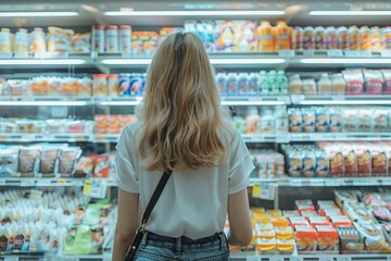 Shopping in Grocery Store, Blonde woman facing dairy aisle with various products, Retail and Lifestyle