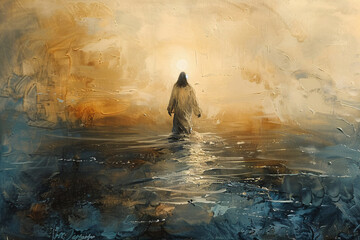 Oil painting of Jesus walking on water