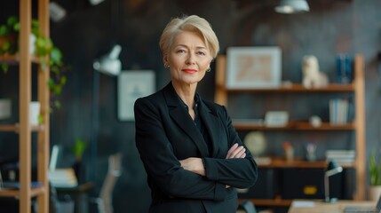 Fototapeta premium The Portrait Depicts A Confident Mature Businesswoman Standing By A Desk In The Office, Ready To Tackle Challenges With Resolve And Poise, High Quality