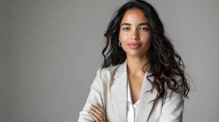The Portrait Depicts A Confident Young Latin Brazilian Businesswoman Against A Neutral Background, High Quality