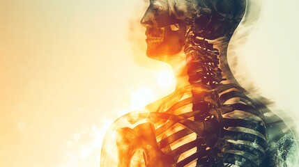 Futuristic concept illustration of human anatomy showing skeletal structure with abstract lighting effects highlighting bones and spine.