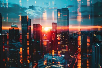 Fototapeta premium Modern cityscape at sunset reflecting in glass. Vibrant urban skyline with colorful lights and skyscrapers under a dramatic sky.