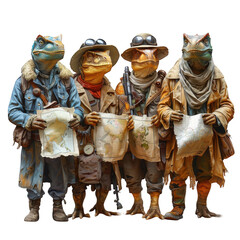 a group of statues of people with hats and holding maps, transparent background png