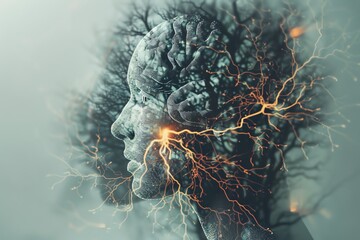 Surreal digital illustration of a human brain connected with nature, evoking themes of creativity, consciousness, and interconnectedness.