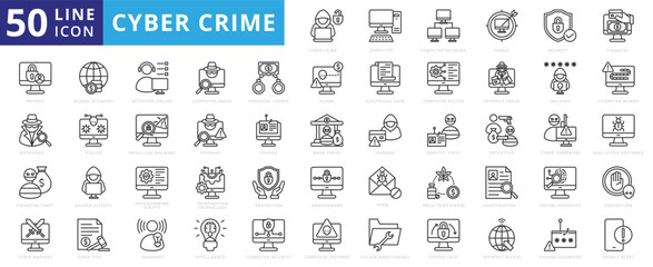 Cybercrime icon set with computer, network, target, security, finances, privacy, espionage, theft and warfare.