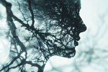 Surreal double exposure of a human profile blended with tree branches, creating an artistic and thought-provoking visual effect.