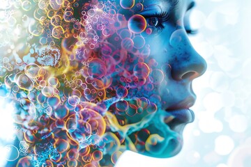 Surreal digital art of a woman's profile merging with colorful abstract bubbles, creating a dreamlike and ethereal visual fusion.