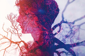 Artistic double exposure image with a silhouette of a person's profile combined with tree branches, creating a surreal and nature-inspired effect.