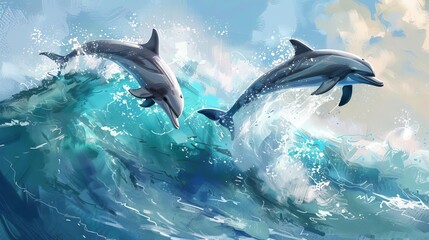 playful dolphins leaping and flipping in ocean waves showcasing joyful nature digital painting
