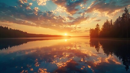 serene sunset reflecting on tranquil lake peaceful nature landscape