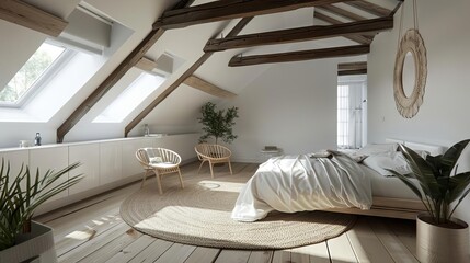 sleek and minimalist attic retreat featuring clean white walls and natural wood floors interior design