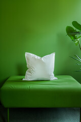 A white pillow sits on a green couch