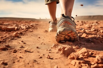 A marathon runner's shoes on a dusty trail, symbolizing the long journey of endurance 