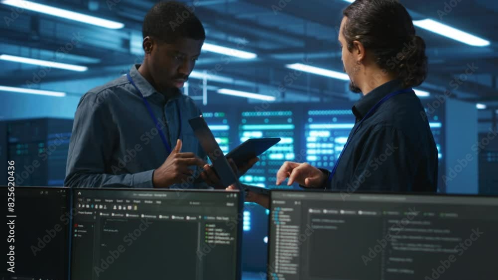 Poster engineers working in high tech server farm, using laptop and tablet to analyze data, ensuring seamle