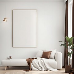 Living Room with White Walls with Canvas Art Mockup, Brown Pillow and Curtain Accents, Scandinavian Minimal Interior for Home or Office, 3D Rendering

