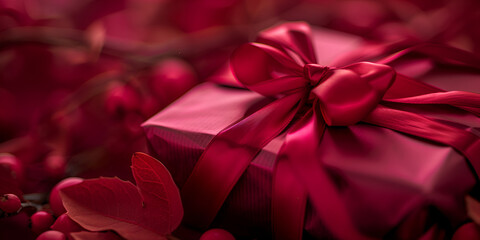 Close-up of a small, neatly wrapped gift box with a shiny red ribbon and bow, placed on a dark surface. The background is softly blurred, emphasizing the vibrant red color of the ribbon against 