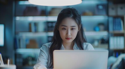 Admire The Focus Of An Asian Chinese Female Manager As She Works Diligently Using Her Laptop In The Office, Her Dedication To Her Responsibilities Unwavering, High Quality