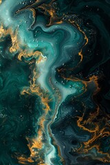 Obraz premium The abstract backgrounds blend dark and light green with gold hues, highlighted by white ink-like fluid patterns reminiscent of marble stone, evoking sophistication and luxury.