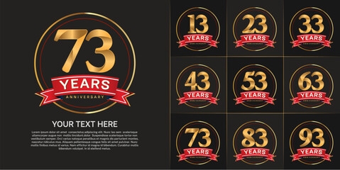 anniversary logotype set vector, gold color with circle and red ribbon for special day celebration