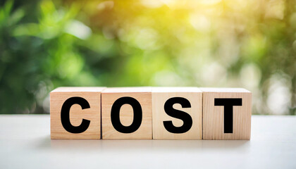Wooden blocks spelling "COST" on a white tabletop with a blurred wall background, symbolizing financial considerations, budgeting, and expense management