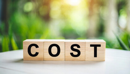 Wooden blocks spelling "COST" on a white tabletop with a blurred wall background, symbolizing financial considerations, budgeting, and expense management