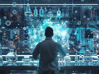 Elegant rear view of a researcher gazing at a holographic periodic table