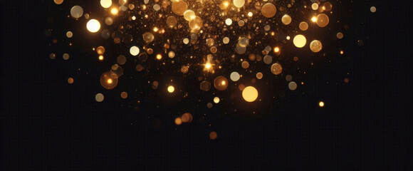 Obraz premium 抽象的な豪華なゴールドの背景に金の粒子。キラキラのビンテージ ライトの背景。クリスマスの黄金の光は、暗い背景に粒子のボケ味を輝かせます。金箔のテクスチャです。