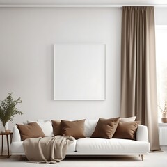 Living Room with White Walls with Canvas Art Mockup, Brown Pillow and Curtain Accents, Scandinavian Minimal Interior for Home or Office, 3D Rendering

