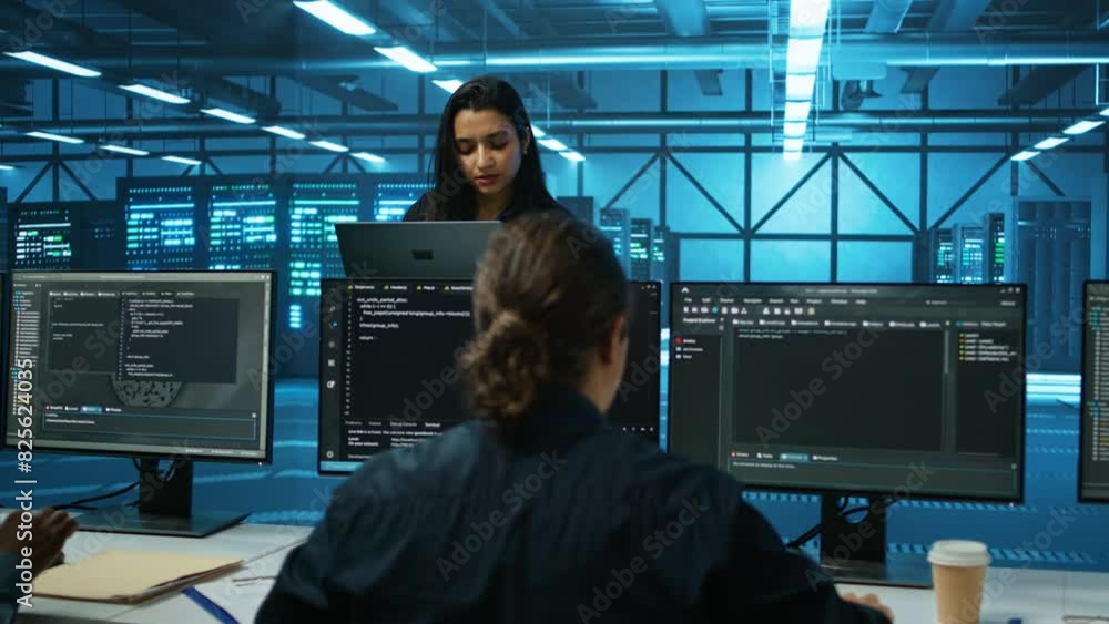Poster smiling admin in server hub checking recovery plan, monitoring data center energy consumption across