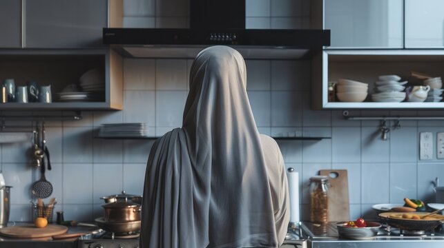 View from behind of a Muslim woman wearing a long headscarf hijab cooking in a modern minimalist kitchen.