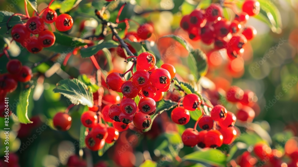 Poster vivid red berries on the tree in the garden up close empty space for text