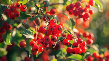 Fototapeta premium Vivid red berries on the tree in the garden up close empty space for text