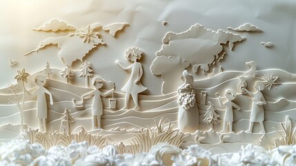 Fototapeta premium Artistic paper cut of a global village with everyone holding milk glasses for World Drink Milk Day
