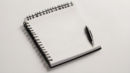 notepad and pen lying on the table, top view, minimalist style, on white background