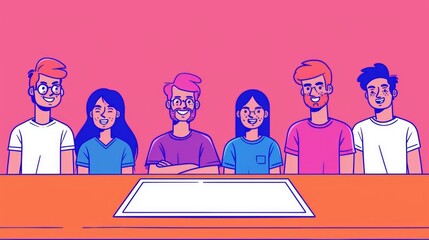 Animated team of six people sitting behind a desk, smiling and facing forward, on a vibrant pink background.