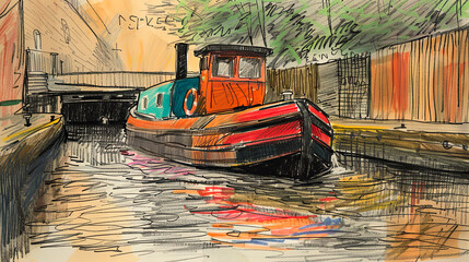 Drawing of a Narrow boat on a canal lock