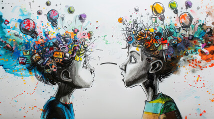 Two children talking with ideas exploding out of their heads