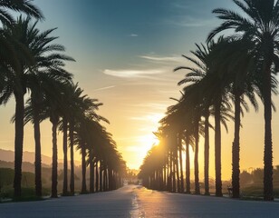 Sunset on the street with palm trees