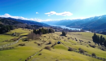 Obraz premium Views of fertile land surrounded by stunning green vegetation, rolling hills and mountains with clear skies in spring.