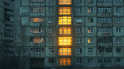 Sunset light reflecting through windows of a Soviet brutalist apartment building