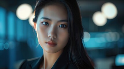 Fototapeta premium Experience The Confidence Of A Young Asian Businesswoman In The Office, Her Poised Demeanor Reflecting Her Readiness For Challenges, High Quality