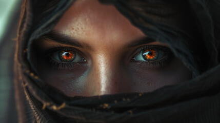 Naklejka premium Close-up of a woman's eyes with a fiery reflection, wrapped in dark fabric
