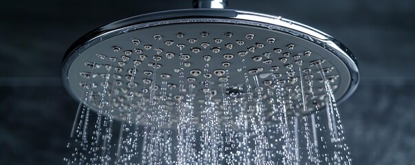 Fototapeta premium Closeup of a sleek low-flow showerhead emitting a fine mist, chrome finish, with water droplets glistening, Hyper-Realistic, Modern